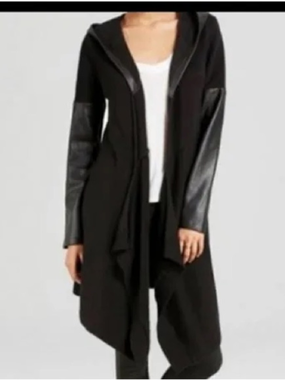 BlankNYC Black Hooded Cardigan Faux Leather Sleeve Duster Sweater M Edgy Moto